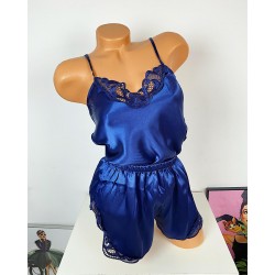 Pijama dama ieftina primavara-vara bleumarin din satin lucios cu model dantelat