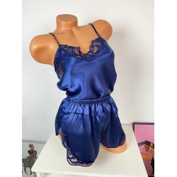 Pijama dama ieftina primavara-vara bleumarin din satin lucios cu model dantelat