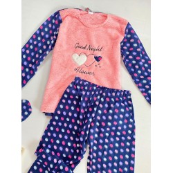 Pijama dama cu buline bleumarin cu roz extrem de pufoasa si calduroasa cu imprimeu Good Night