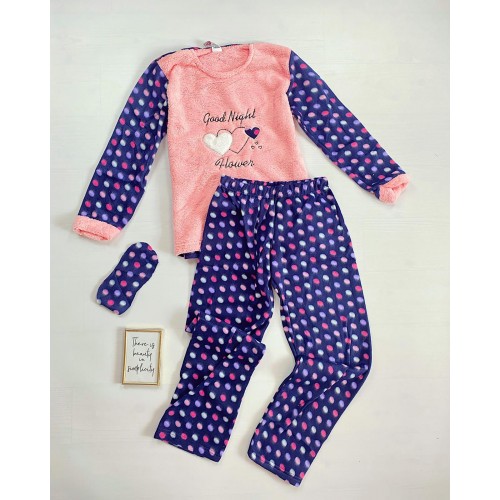 Pijama dama cu buline bleumarin cu roz extrem de pufoasa si calduroasa cu imprimeu Good Night