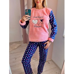 Pijama dama cu buline bleumarin cu roz extrem de pufoasa si calduroasa cu imprimeu Good Night