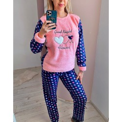 Pijama dama cu buline bleumarin cu roz extrem de pufoasa si calduroasa cu imprimeu Good Night