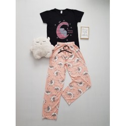 Pijama dama ieftina bumbac cu tricou negru si pantaloni lungi roz cu imprimeu Elefantel