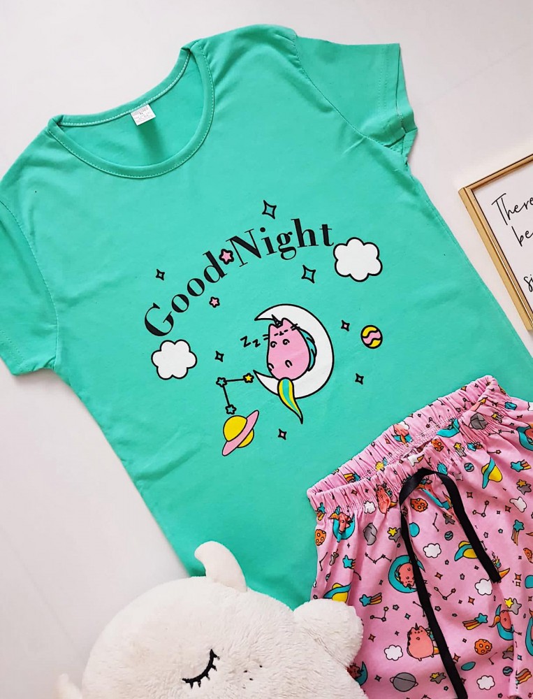 Pijama dama ieftina bumbac cu tricou turcoaz si pantaloni lungi roz cu imprimeu Good Night