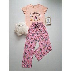 Pijama dama ieftina bumbac cu tricou roz si pantaloni lungi roz cu imprimeu Good Night