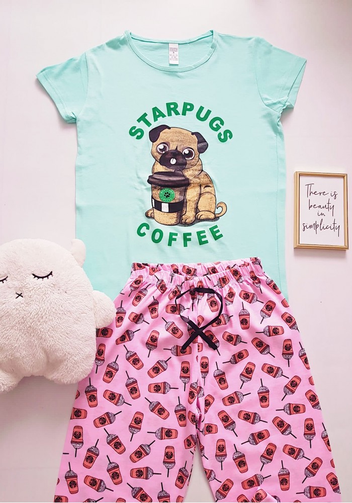 Pijama dama ieftina cu tricou turcoaz si pantaloni lungi roz cu imprimeu Starpugs