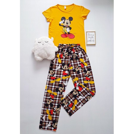 Pijama dama ieftina din bumbac cu tricou galben si pantaloni lungi cu imprimeu MK Hi