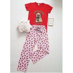 Pijama dama ieftina cu tricou roz si pantaloni lungi rosu cu imprimeu Starpugs