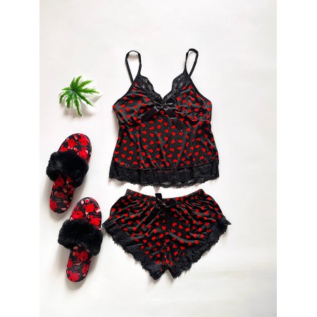 Pijama dama ieftina primavara-vara cu aspect satinat lucios negru cu buline rosii