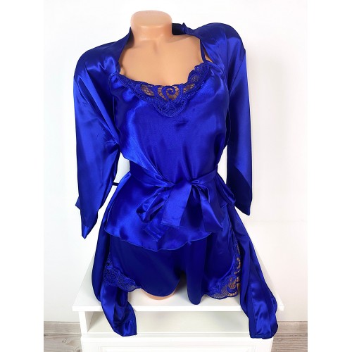 Set dama ieftin albastru din satin format din capot, maieu si pantaloni scurti