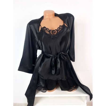Set dama ieftin negru din satin format din capot, maieu si pantaloni scurti