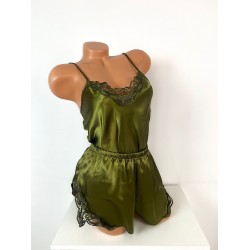 Set dama ieftin khaki din satin format din capot, maieu si pantaloni scurti