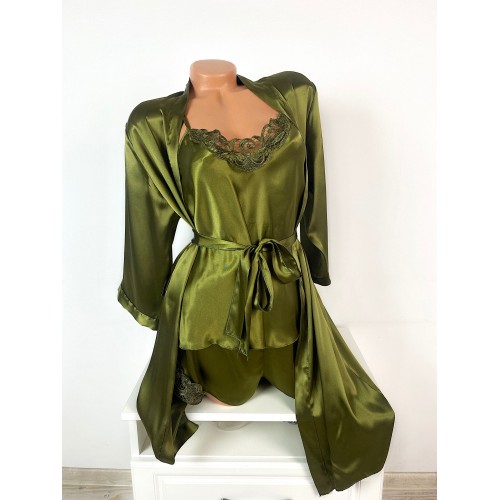 Set dama ieftin khaki din satin format din capot, maieu si pantaloni scurti