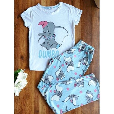 Pijama dama ieftina din bumbac cu tricou alb si pantaloni albastri cu imprimeu Dumbo