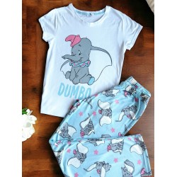 Pijama dama ieftina din bumbac cu tricou alb si pantaloni albastri cu imprimeu Dumbo