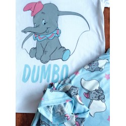 Pijama dama ieftina din bumbac cu tricou alb si pantaloni albastri cu imprimeu Dumbo