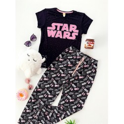 Pijama dama ieftina bumbac lunga cu tricou negru si pantaloni lungi negri cu imprimeu Star Wars