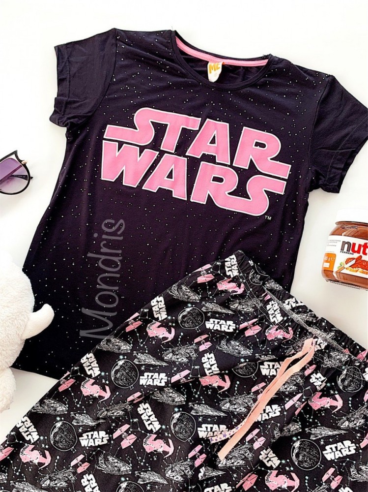 Pijama dama ieftina bumbac lunga cu tricou negru si pantaloni lungi negri cu imprimeu Star Wars