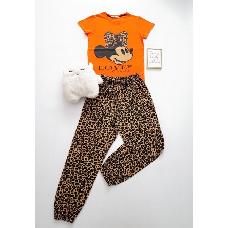 Pijama dama bumbac lunga cu pantaloni animal print si tricou portocaliu cu imprimeu MM LOVE