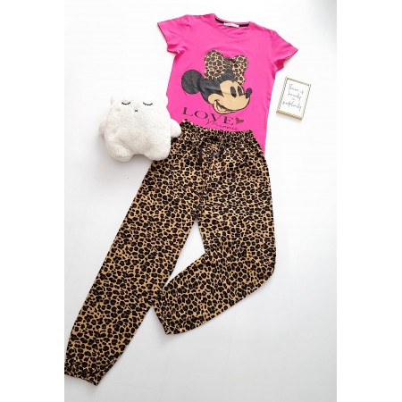  Pijama dama bumbac lunga cu  pantaloni animal print si tricou roz cu imprimeu MM LOVE