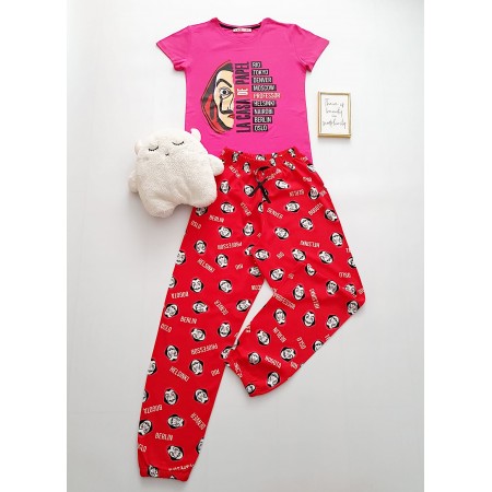 Pijama dama bumbac cu pantaloni lungi rosii  tricou roz cu imprimeu Papel 