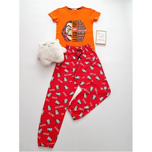 Pijama dama bumbac cu pantaloni lungi rosii tricou portocaliu cu imprimeu Papel