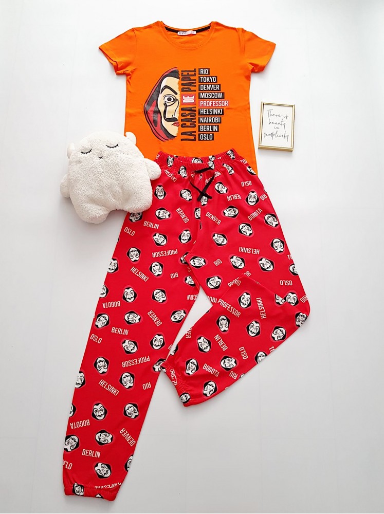 Pijama dama bumbac cu pantaloni lungi rosii tricou portocaliu cu imprimeu Papel