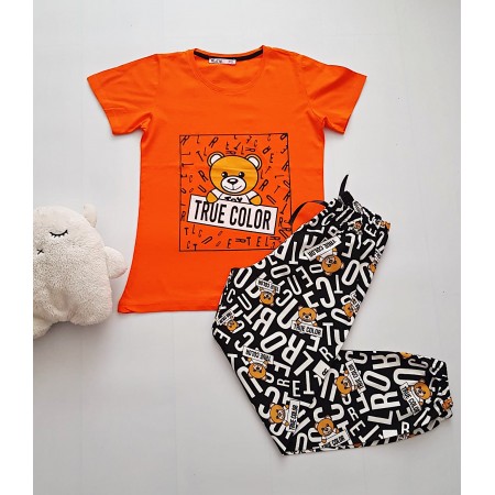 Pijama dama ieftina bumbac lunga cu pantaloni lungi negri si tricou portocaliu cu imprimeu Urs True Color