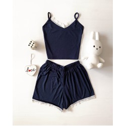 Pijama dama scurta bleumarin cu maieu si cu dantela fina alba