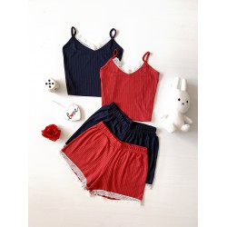 Pijama dama scurta bleumarin cu maieu si cu dantela fina alba