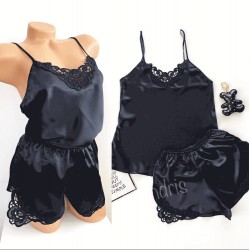 Pijama dama ieftina primavara-vara neagra Lady cu model dantelat