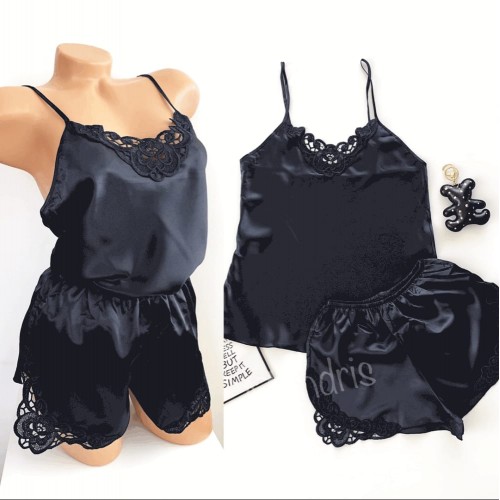 Pijama dama ieftina primavara-vara neagra Lady cu model dantelat