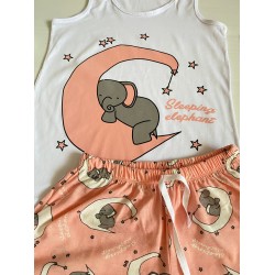 Pijama dama ieftina bumbac scurta cu maieu alb si pantaloni scurti corai cu imprimeu Elefantel