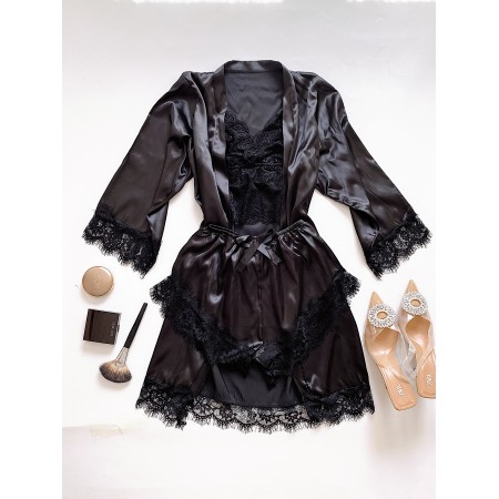 Set Pijamale dama negru din material premium cu aspect satinat si elegant