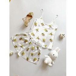 Pijama dama ieftina cu aspect satinat cu maieu si pantaloni scurti Sponge Bob - Zâmbete și Amintiri Din Copilărie