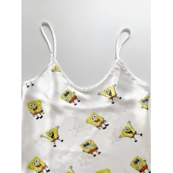 Pijama dama ieftina cu aspect satinat cu maieu si pantaloni scurti Sponge Bob - Zâmbete și Amintiri Din Copilărie
