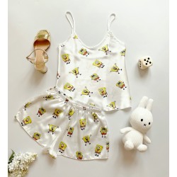 Pijama dama ieftina cu aspect satinat cu maieu si pantaloni scurti Sponge Bob - Zâmbete și Amintiri Din Copilărie