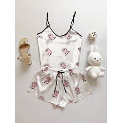 Pijama dama ieftina cu aspect satinat cu maieu si pantaloni scurti cu imprimeu cu Vacuțe Roz Fericite - Veselie și Bucurie Jucăușă