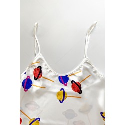 Pijama dama ieftina cu aspect satinat cu maieu si pantaloni scurti cu imprimeu Acadele Delicioase - Dulceață și Plăcere Culinara