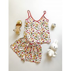 Pijama dama ieftina cu aspect satinat cu maieu si pantaloni scurti cu imprimeu Tutti Frutti - Energie și Prospețime Naturală