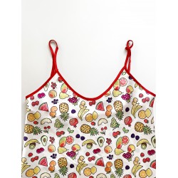 Pijama dama ieftina cu aspect satinat cu maieu si pantaloni scurti cu imprimeu Tutti Frutti - Energie și Prospețime Naturală
