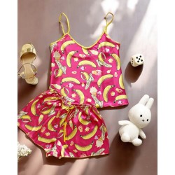 Pijama dama ieftina cu aspect satinat cu maieu si pantaloni scurti cu imprimeu Banana și Înghețată - Bucurie și Distracție Gustativă