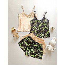 Pijama dama ieftina cu aspect satinat cu maieu si pantaloni scurti cu imprimeu Army - Putere și Determinare