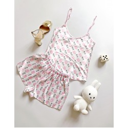 Pijama dama ieftina cu aspect satinat cu maieu si pantaloni scurti cu imprimeu Vată pe Băț și Bomboane Sugar Candy - Ceva Dulce