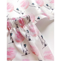 Pijama dama ieftina cu aspect satinat cu maieu si pantaloni scurti cu imprimeu Vată pe Băț și Bomboane Sugar Candy - Ceva Dulce