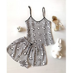 Pijama dama ieftina cu aspect satinat cu maieu si pantaloni scurti cu imprimeu Panda cu dungi albe - Adorabila si Confortabila