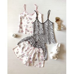Pijama dama ieftina cu aspect satinat cu maieu si pantaloni scurti cu imprimeu Panda cu dungi albe - Adorabila si Confortabila