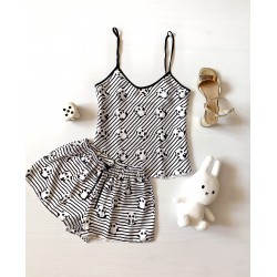 Pijama dama ieftina cu aspect satinat cu maieu si pantaloni scurti cu imprimeu Panda cu dungi albe - Adorabila si Confortabila