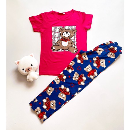 Pijama dama bumbac cu pantaloni lungi si tricou roz cu imprimeu Ursulet Angel Heart
