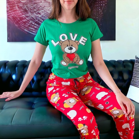 Pijama dama bumbac cu pantaloni lungi si tricou verde cu imprimeu minunat Ursulet Love Yourself